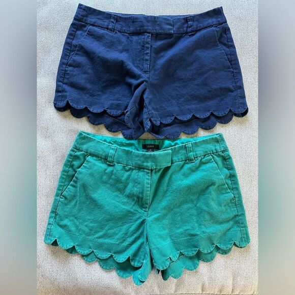 J Crew Shorts Bundle Green Blue Linen Cotton Blend Scalloped Hem Size 8 - Picture 1 of 6